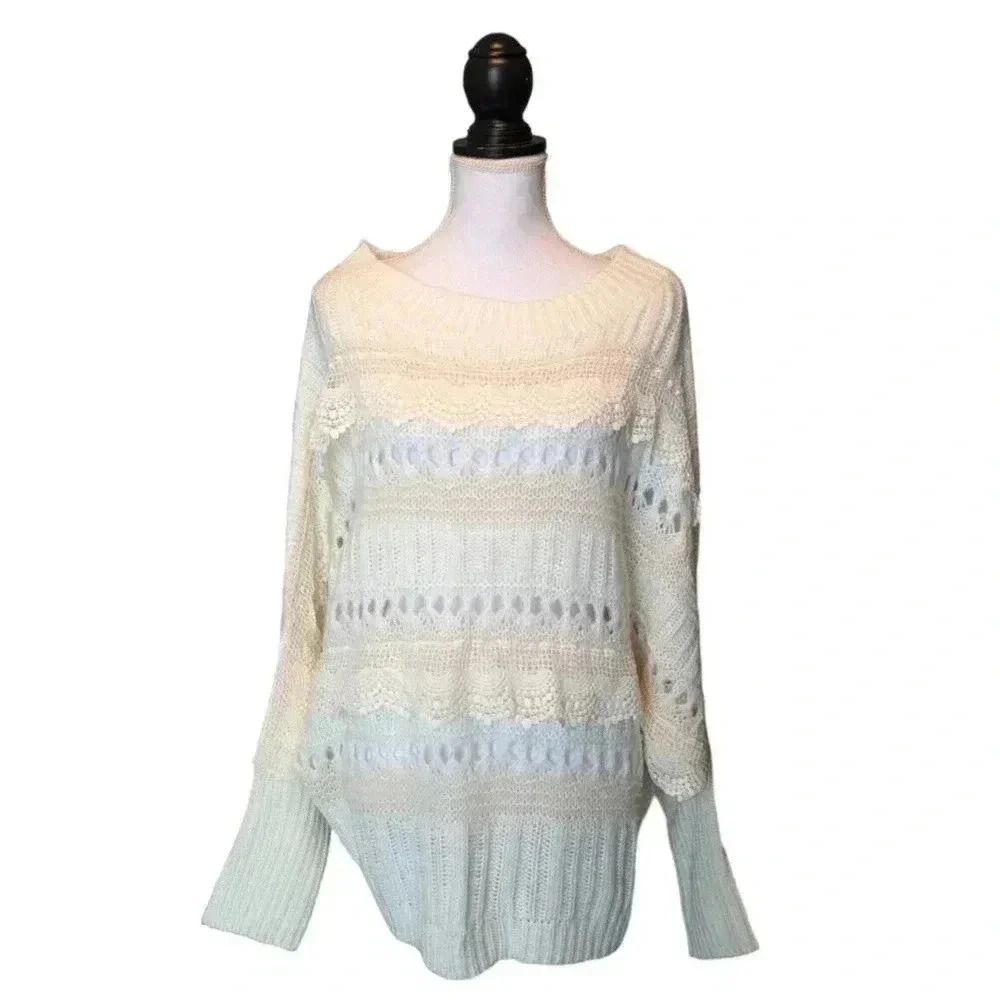 Vine & Love Ivory Oversized Crochet Trim Dolman Sleeve Sweater New Size Small